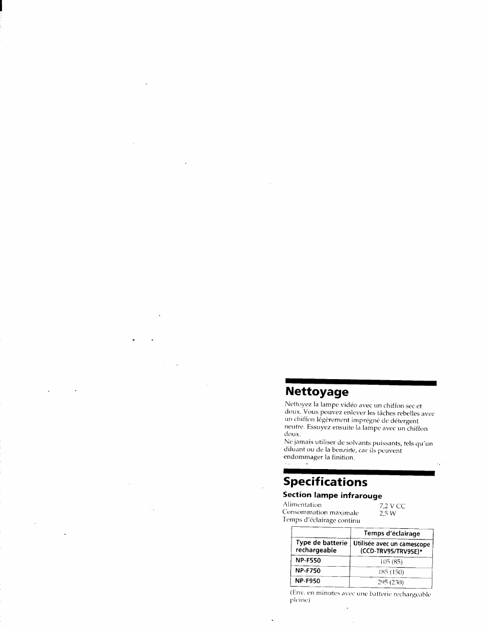 Nettoyage, Specifications | Sony HVL-IRH User Manual | Page 11 / 30