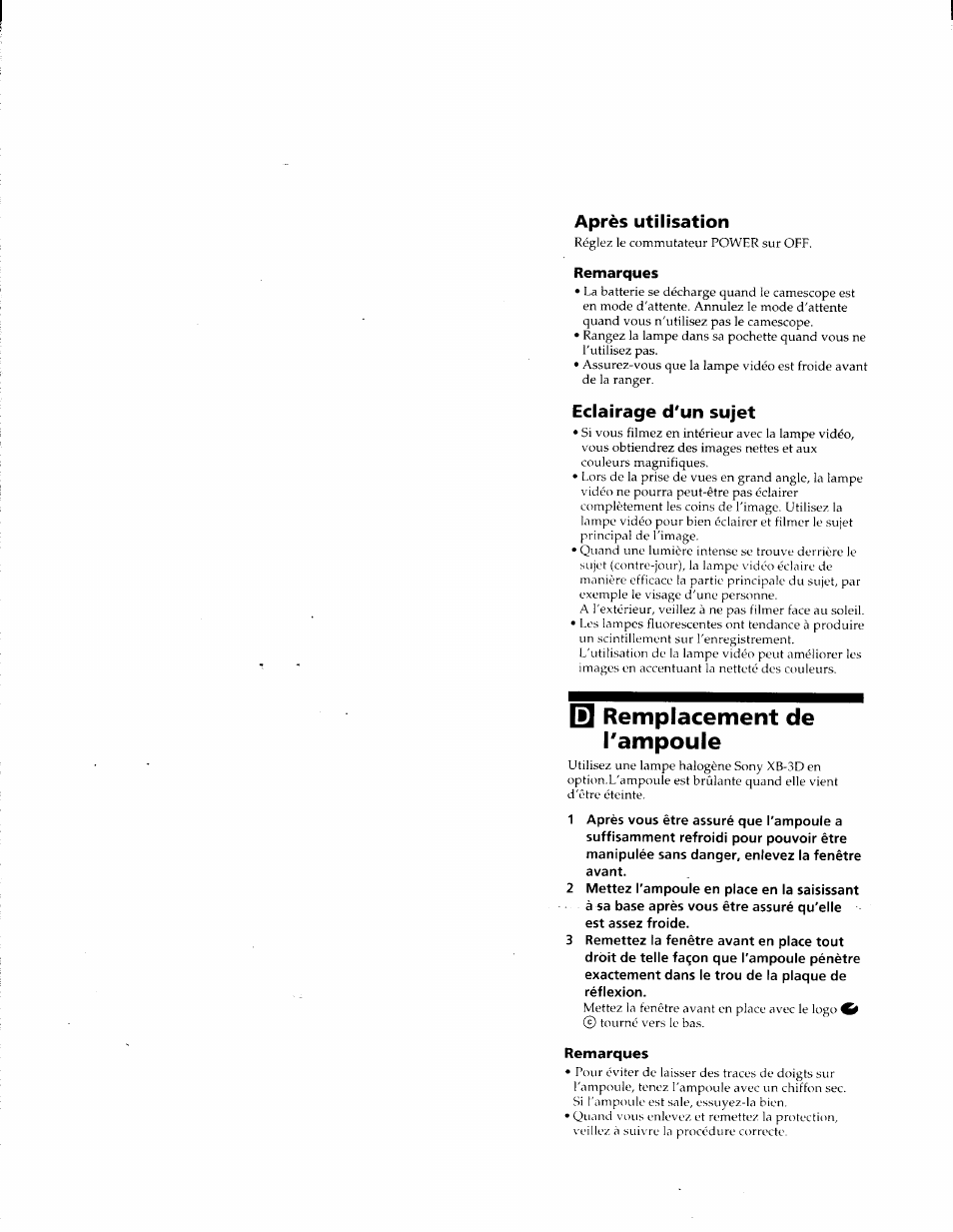 I] remplacement de l'ampoule, Après utilisation, Eclairage d'un sujet | Sony HVL-IRH User Manual | Page 15 / 30