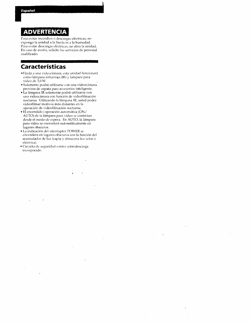 Español, Advertencia, Características | Sony HVL-IRH User Manual | Page 17 / 30