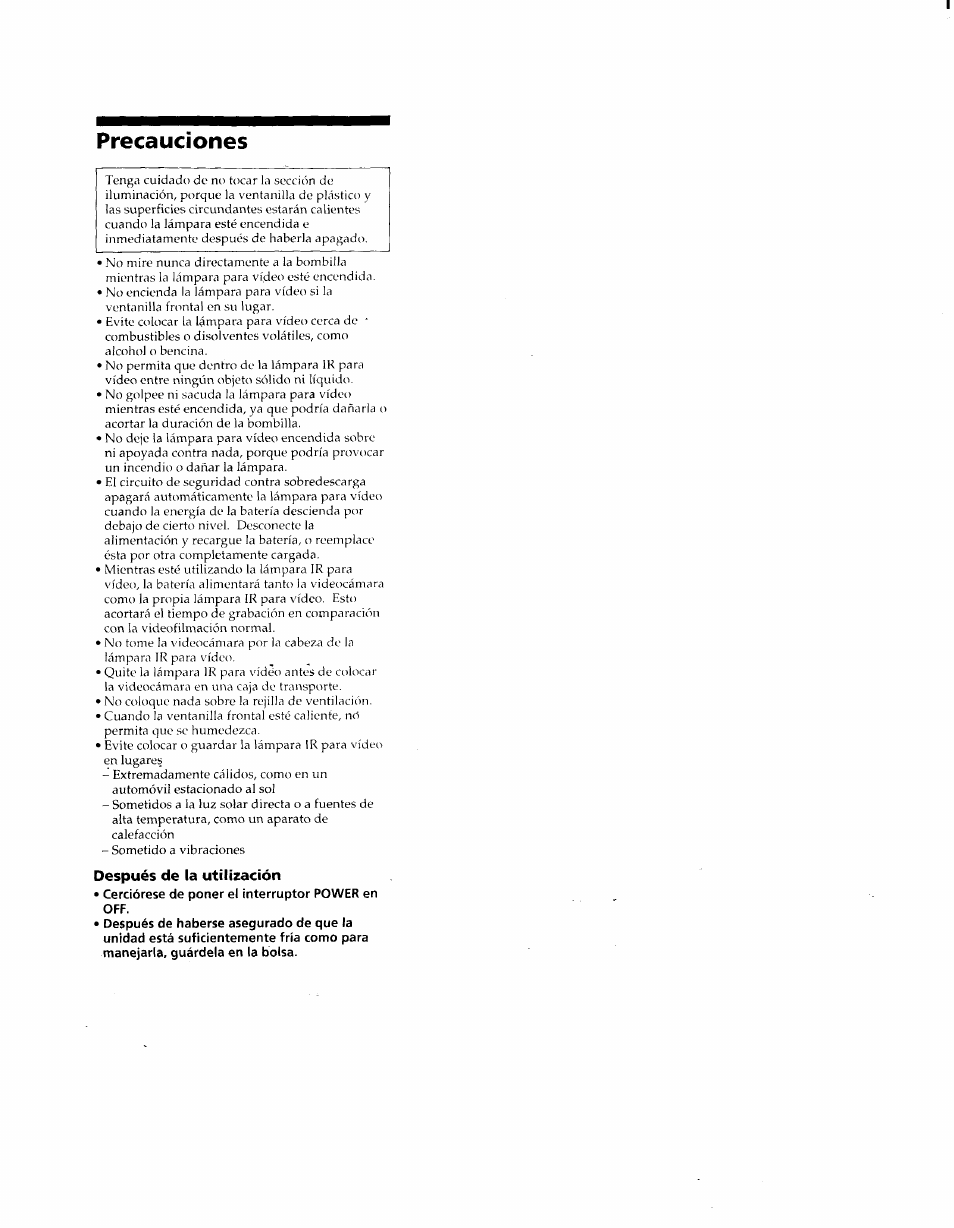 Precauciones, Cerciórese de poner el interruptor power en off | Sony HVL-IRH User Manual | Page 18 / 30