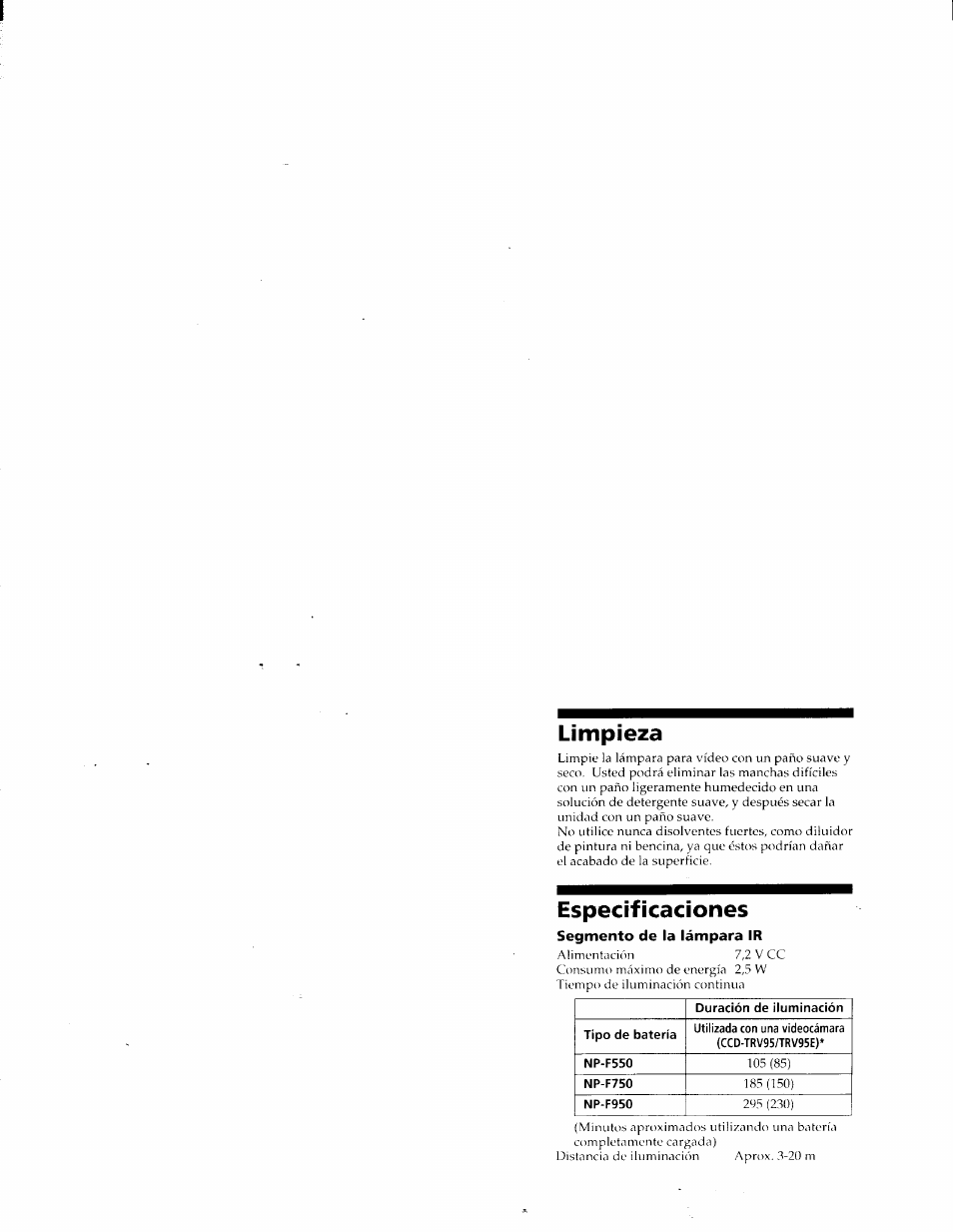 Limpieza, Especificaciones | Sony HVL-IRH User Manual | Page 19 / 30