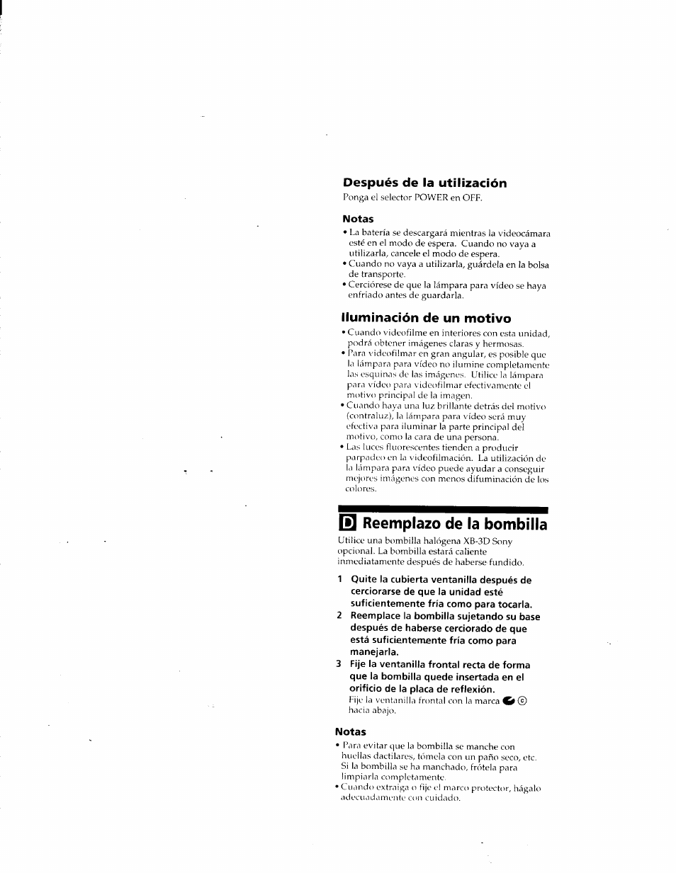 Q reemplazo de la bombilla, Después de la utilización, Iluminación de un motivo | Sony HVL-IRH User Manual | Page 23 / 30