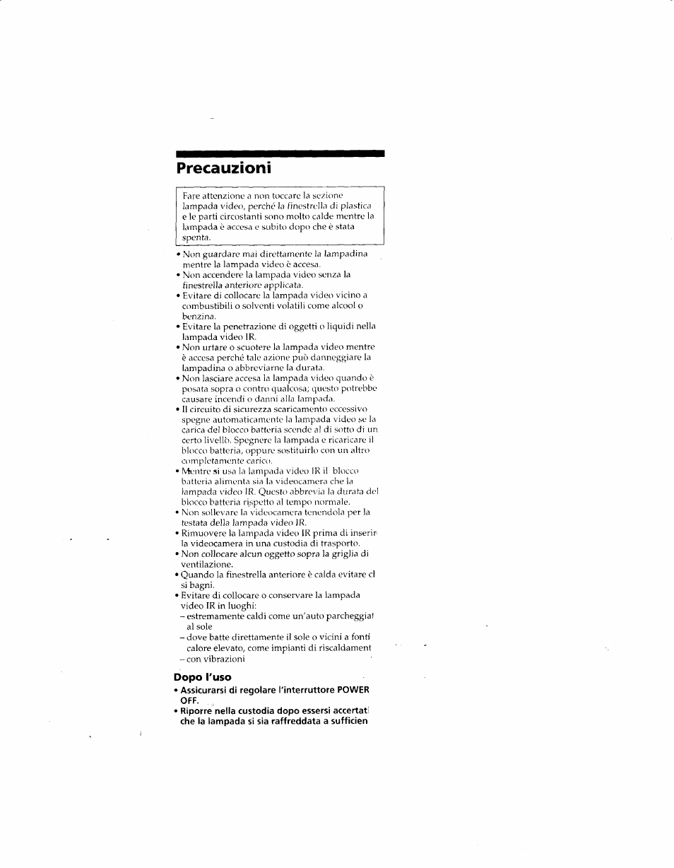 Precauzioni, Assicurarsi di regolare l'interruttore power off | Sony HVL-IRH User Manual | Page 25 / 30