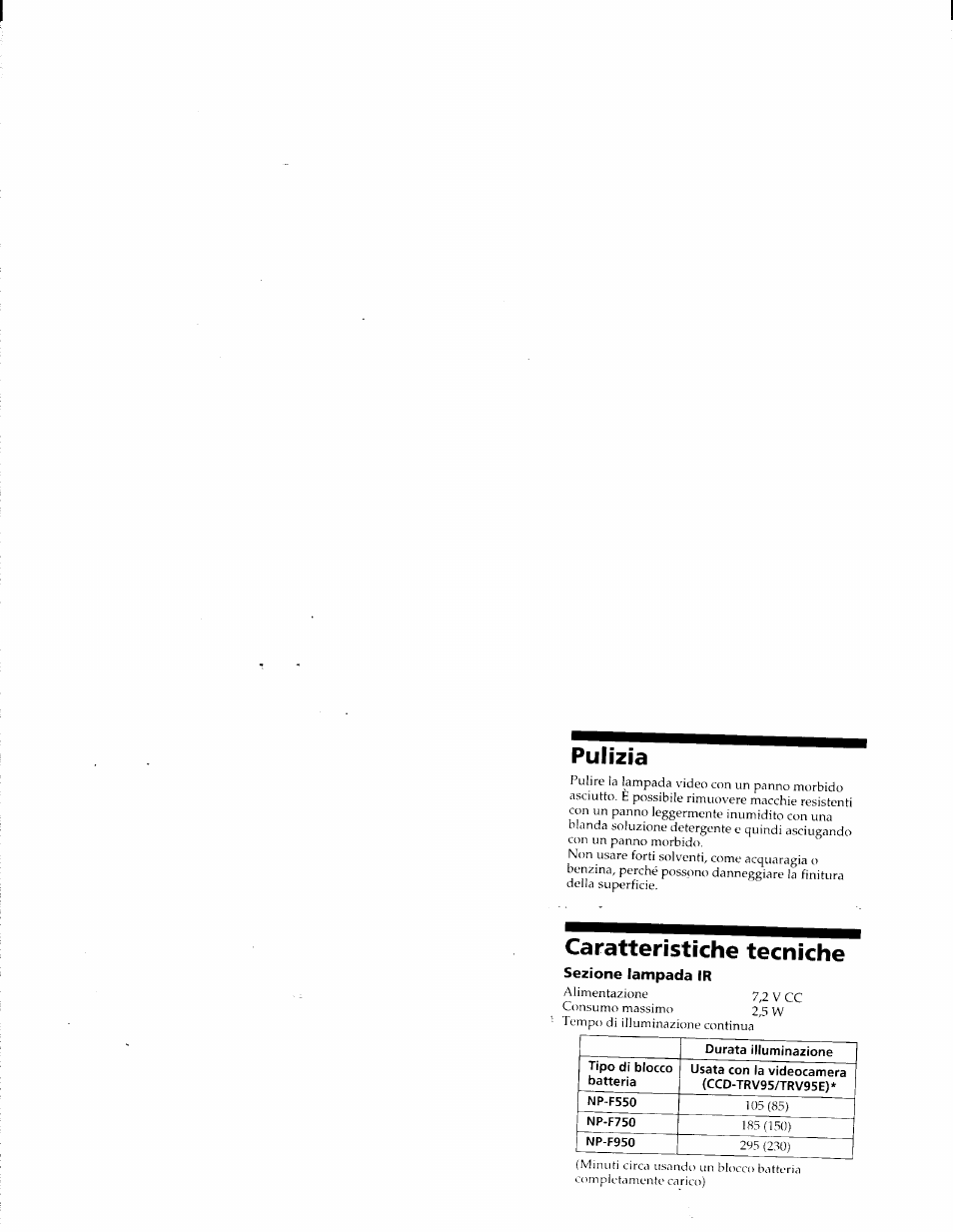 Pulizia, Caratteristiche tecniche | Sony HVL-IRH User Manual | Page 26 / 30