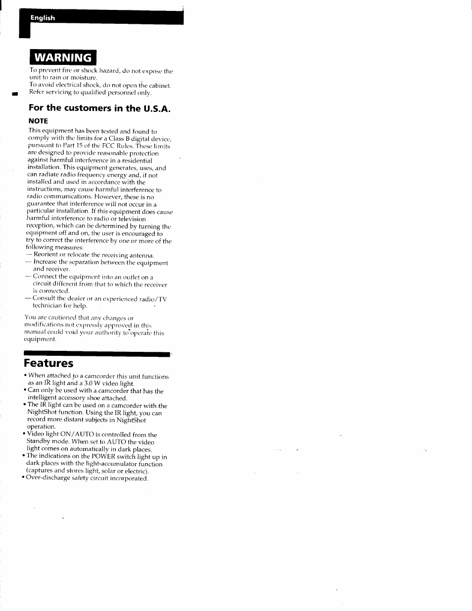 English, Warning, Note | Features, For the customers in the u.s.a | Sony HVL-IRH User Manual | Page 3 / 30