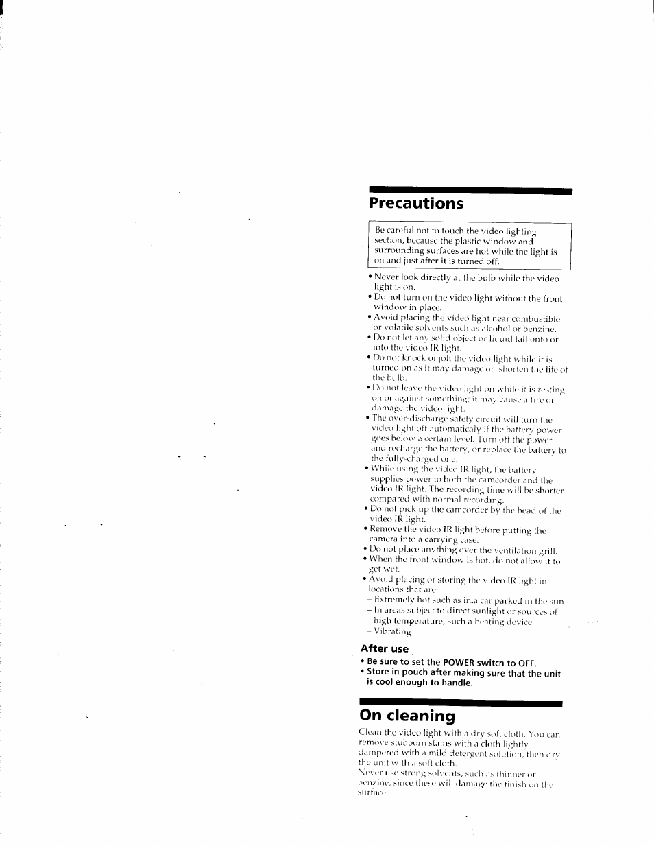 Precautions, On cleaning | Sony HVL-IRH User Manual | Page 4 / 30