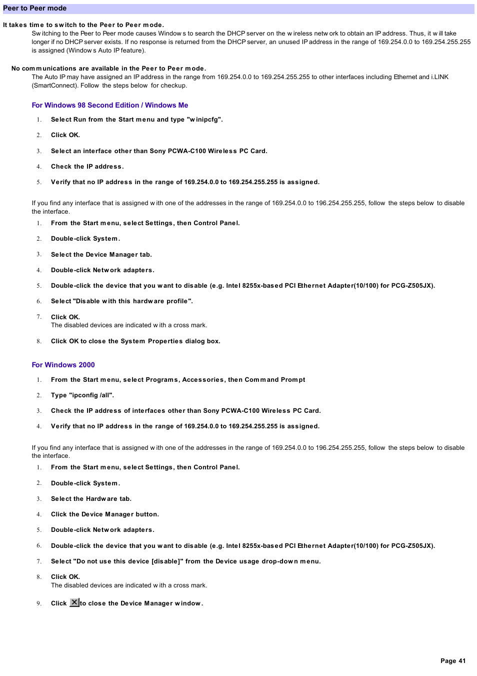 Peer to peer mode | Sony PCWA-A200 User Manual | Page 41 / 61