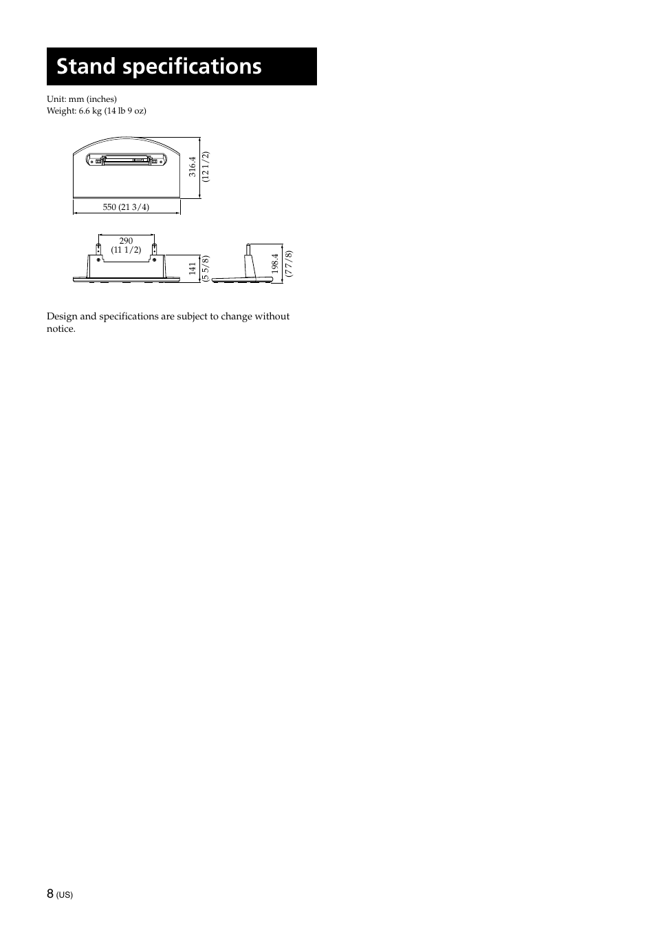 Stand specifications | Sony SU-XTQ005 User Manual | Page 10 / 28