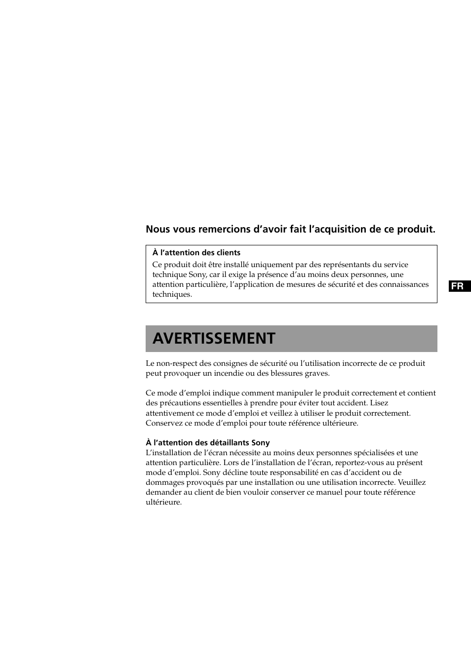 Avertissement | Sony SU-XTQ005 User Manual | Page 11 / 28