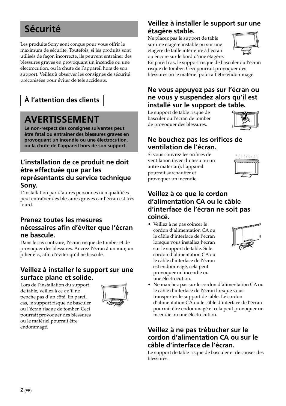 Sécurité, Avertissement | Sony SU-XTQ005 User Manual | Page 12 / 28