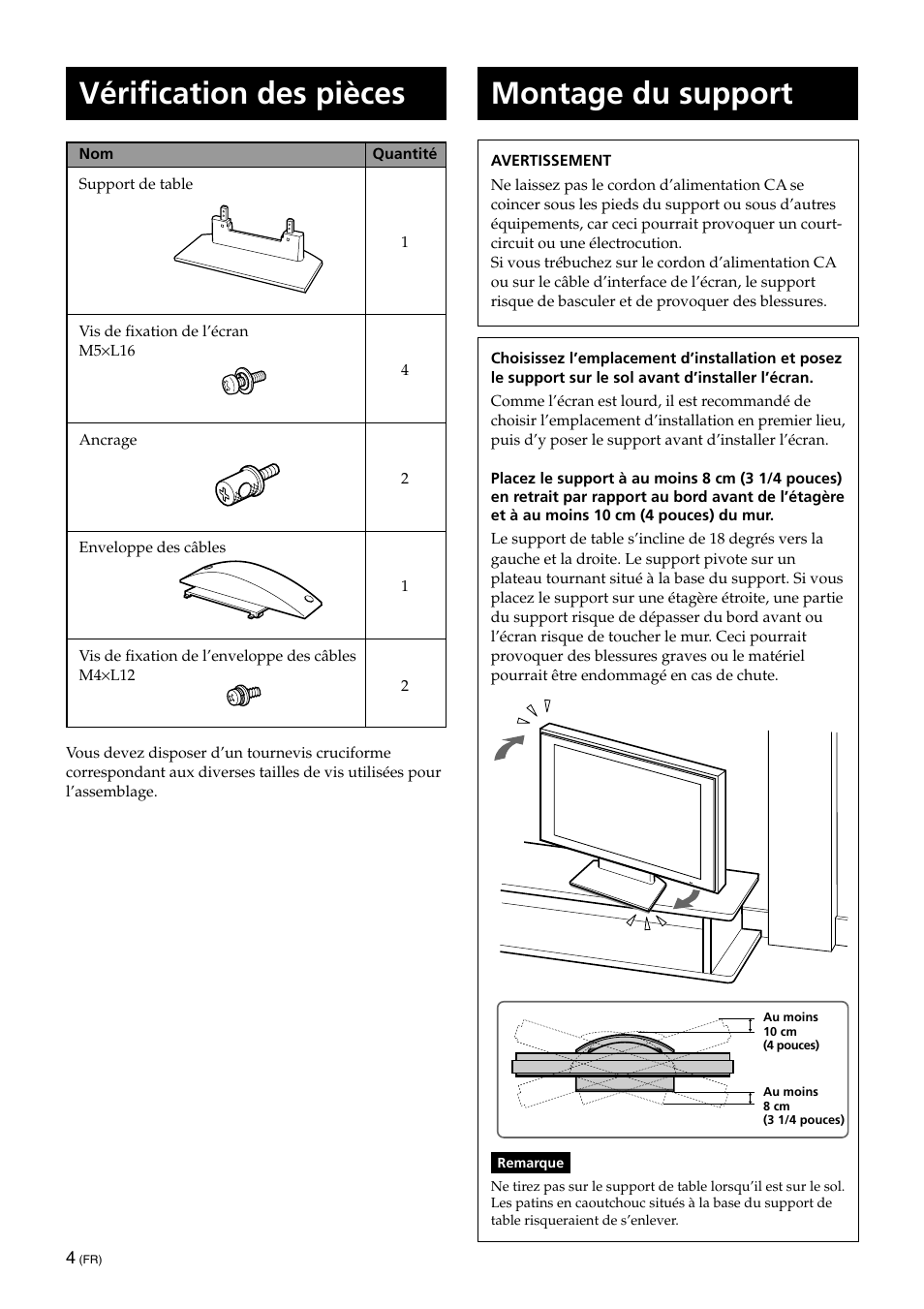 Instructions, Vérification des pièces, Montage du support | Sony SU-XTQ005 User Manual | Page 14 / 28
