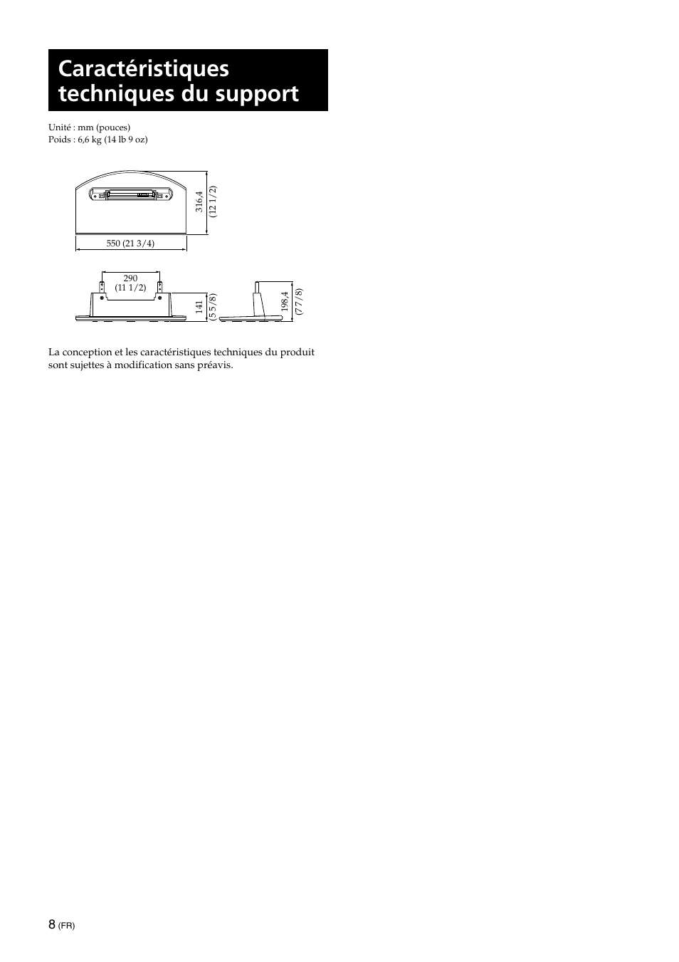 Caractéristiques techniques du support | Sony SU-XTQ005 User Manual | Page 18 / 28