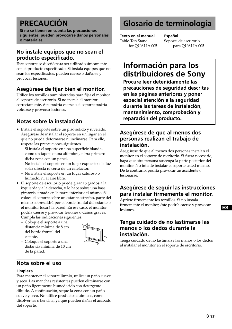 Precaución, Glosario de terminología, Información para los distribuidores de sony | Asegúrese de fijar bien el monitor, Notas sobre la instalación, Nota sobre el uso | Sony SU-XTQ005 User Manual | Page 21 / 28