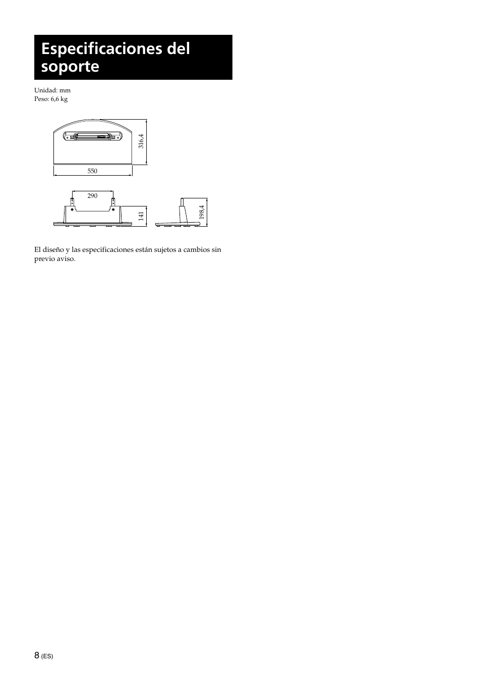 Especificaciones del soporte | Sony SU-XTQ005 User Manual | Page 26 / 28