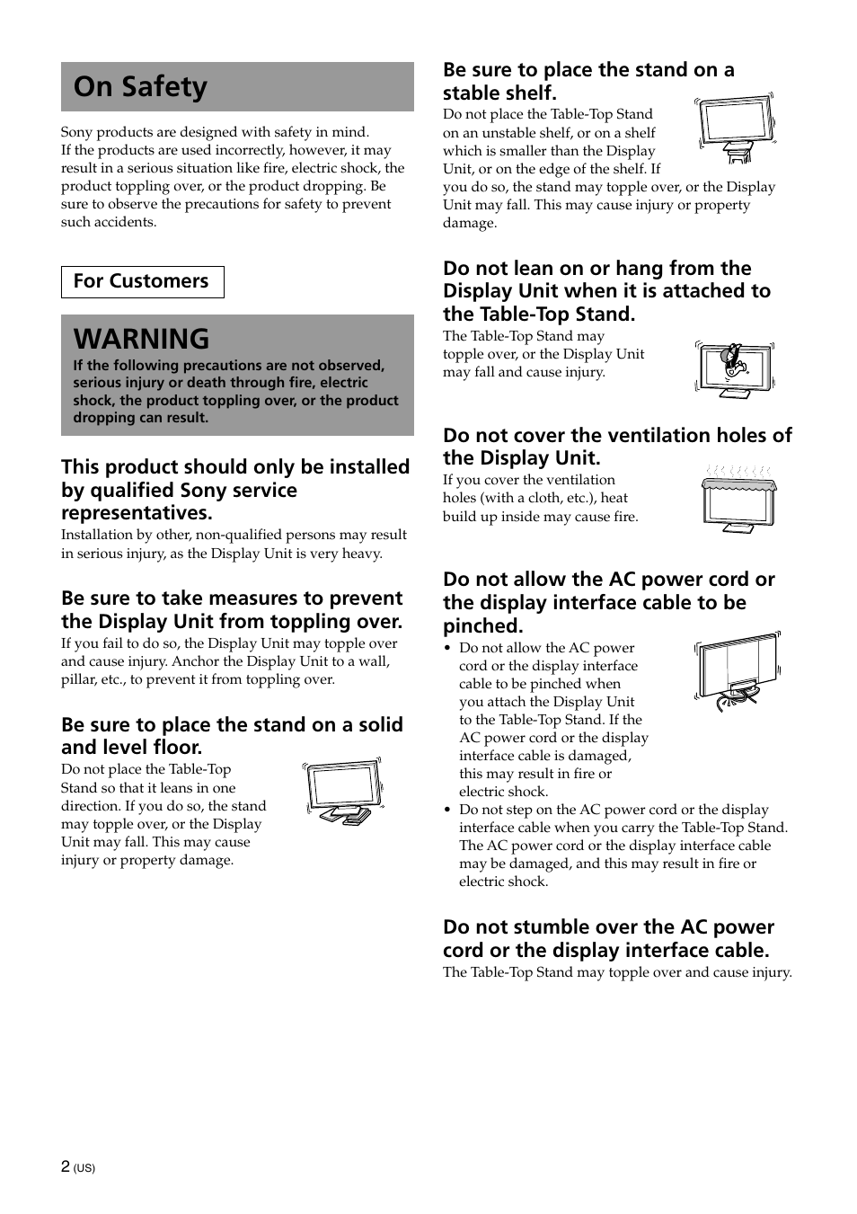 On safety, Warning | Sony SU-XTQ005 User Manual | Page 4 / 28