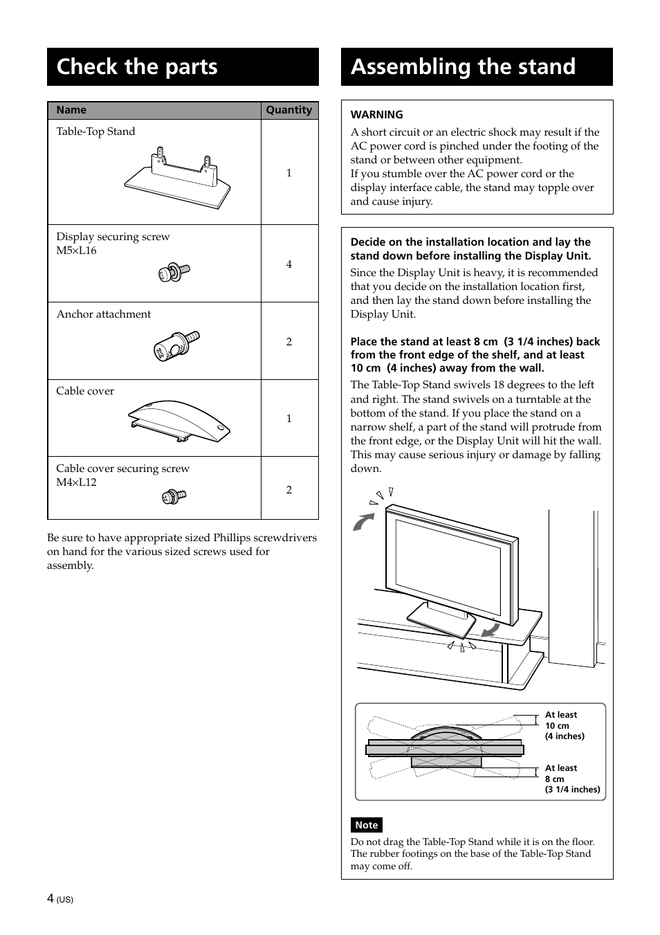 Instructions, Check the parts, Assembling the stand | Sony SU-XTQ005 User Manual | Page 6 / 28