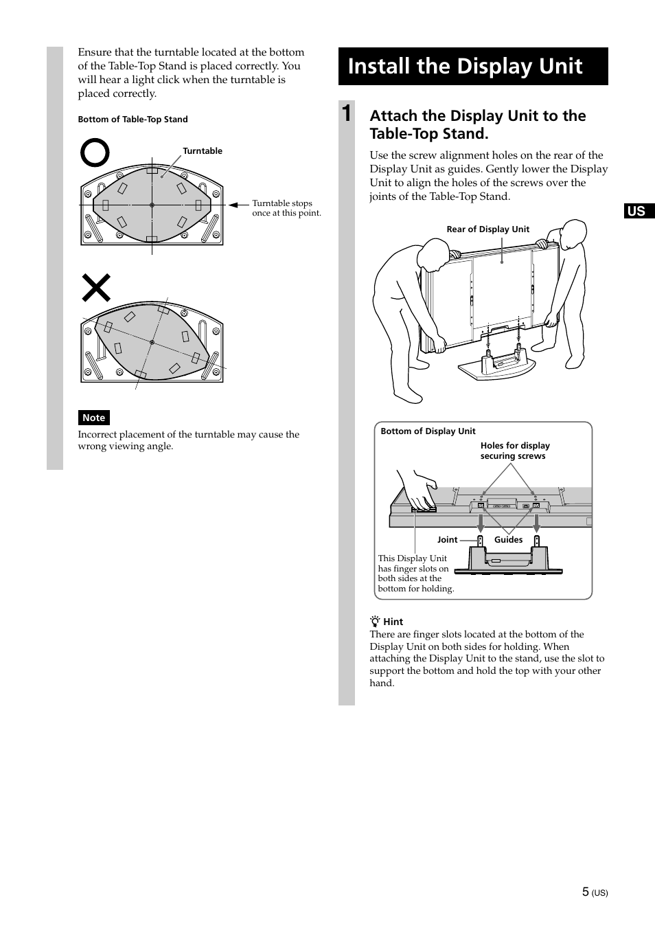 Install the display unit, Install the display unit 1, Attach the display unit to the table-top stand | Sony SU-XTQ005 User Manual | Page 7 / 28