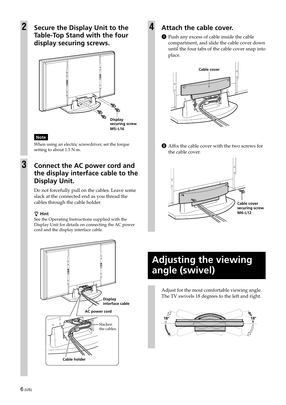 Adjusting the viewing angle (swivel), Attach the cable cover | Sony SU-XTQ005 User Manual | Page 8 / 28