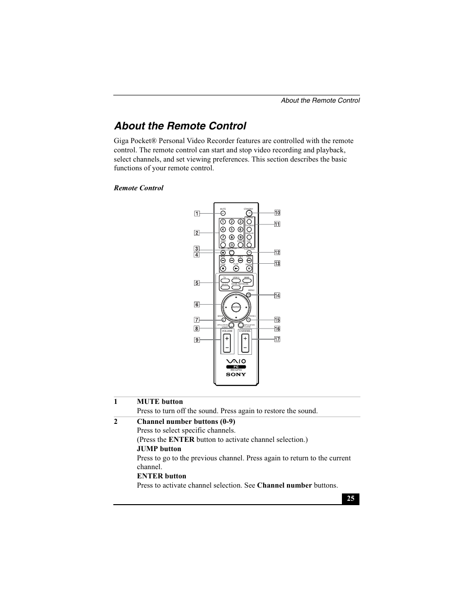 About the remote control | Sony PCV-W700G User Manual | Page 25 / 40