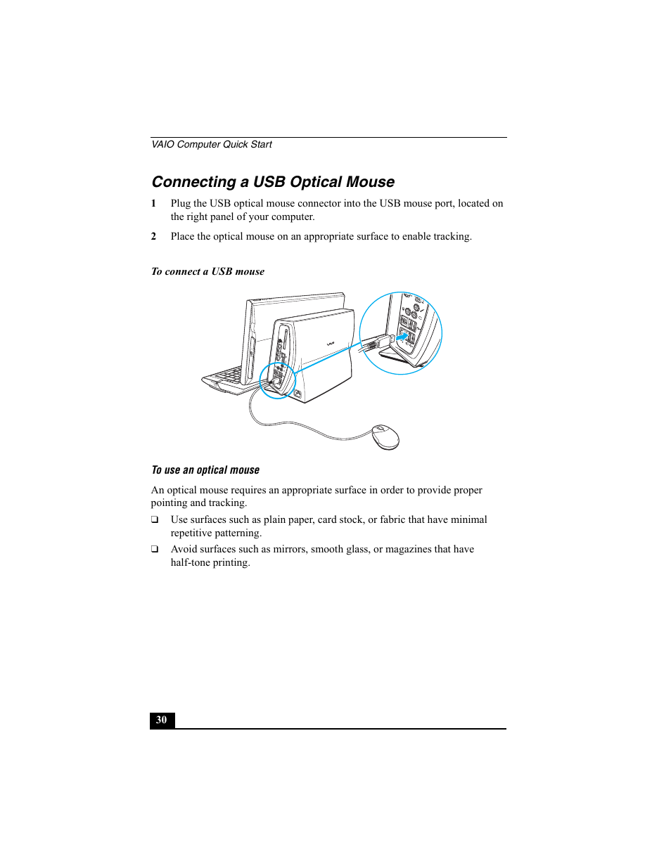 Connecting a usb optical mouse | Sony PCV-W700G User Manual | Page 30 / 40