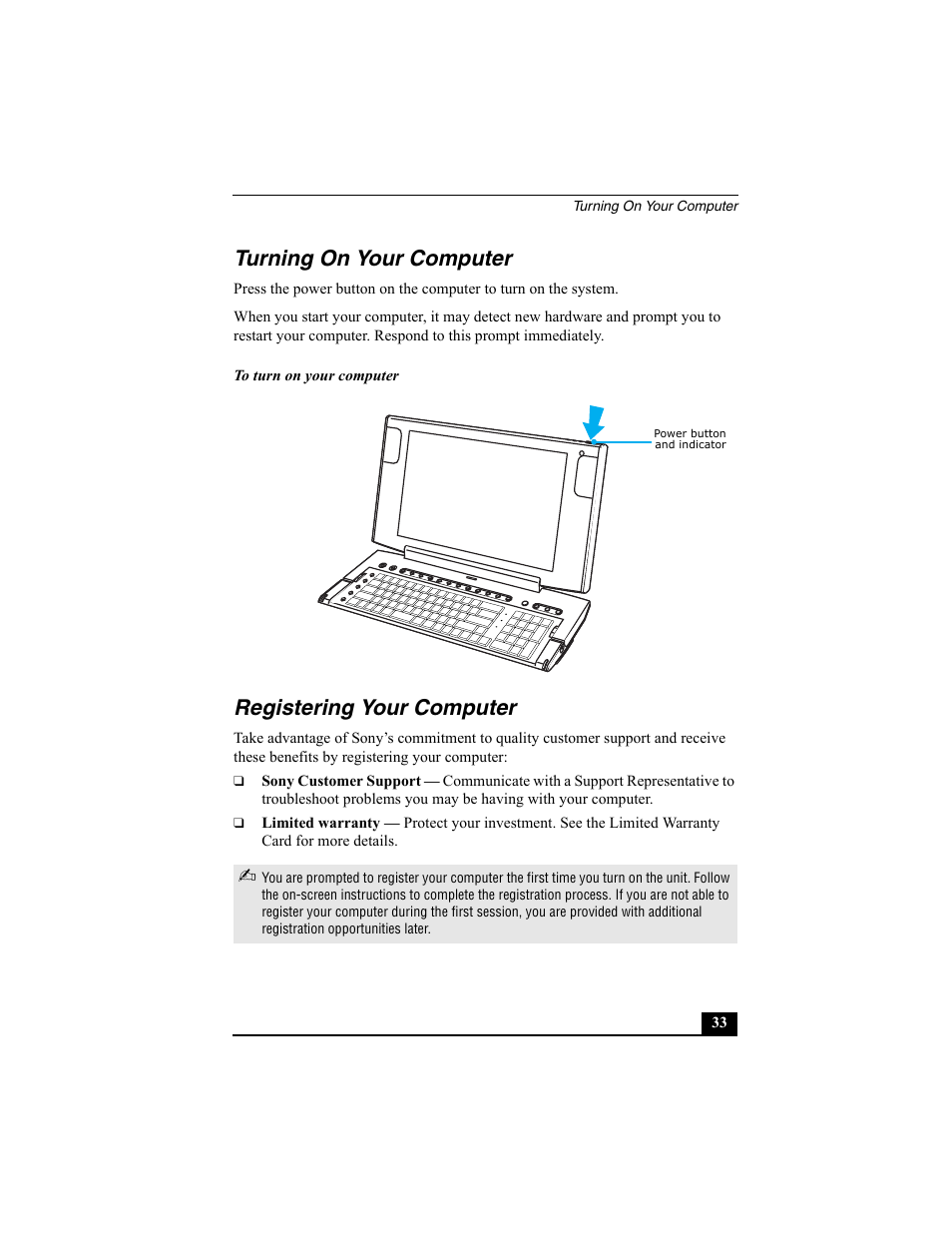 Turning on your computer, Registering your computer | Sony PCV-W700G User Manual | Page 33 / 40