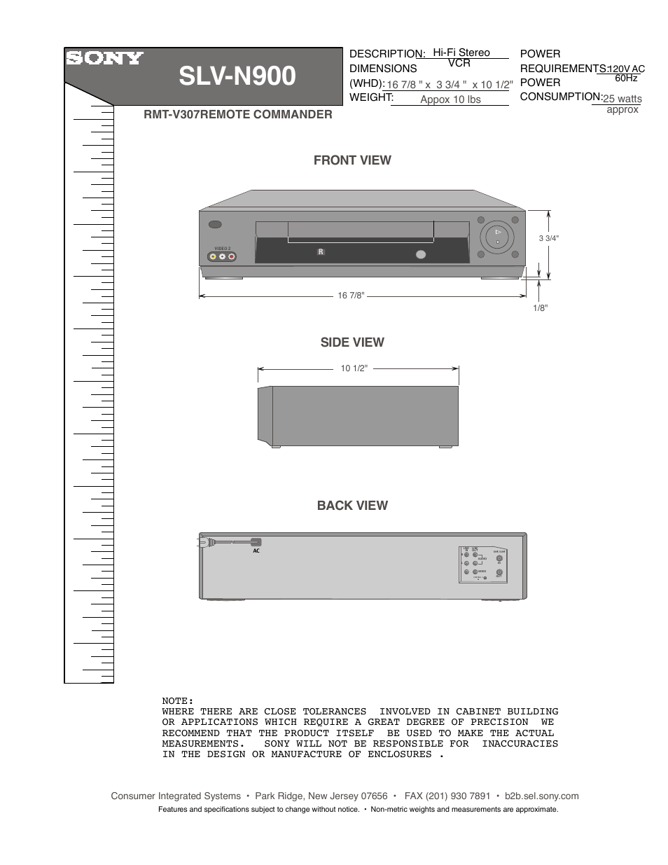 Sony SLV-N900 User Manual | 1 page