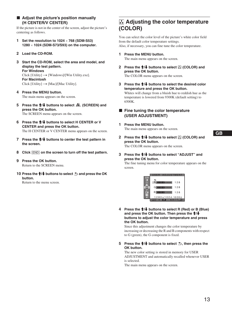 Adjusting the color temperature (color), Color | Sony SDM-S53 User Manual | Page 13 / 21