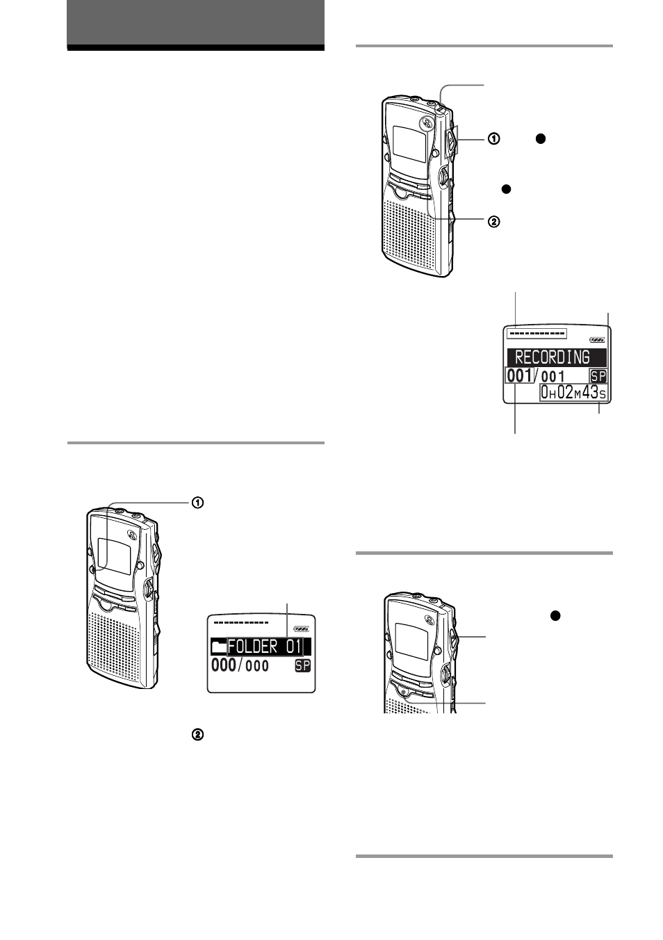 Recording messages, Basic operations, Folder o1 | Recordi g n | Sony ICD-MS1 User Manual | Page 12 / 72