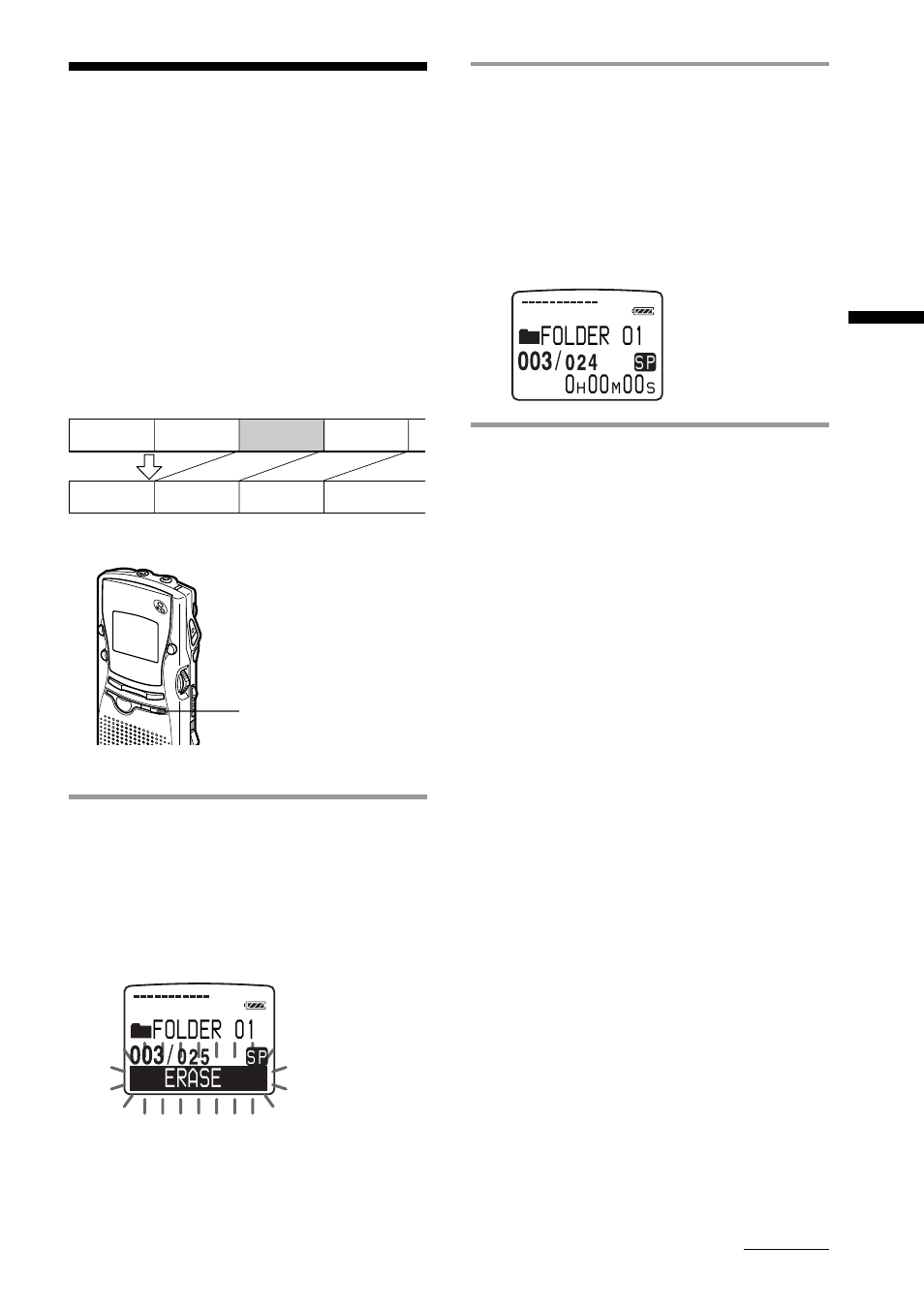 Erasing messages, Erasing messages one by one, Erase folder 01 | Folder o1 | Sony ICD-MS1 User Manual | Page 17 / 72