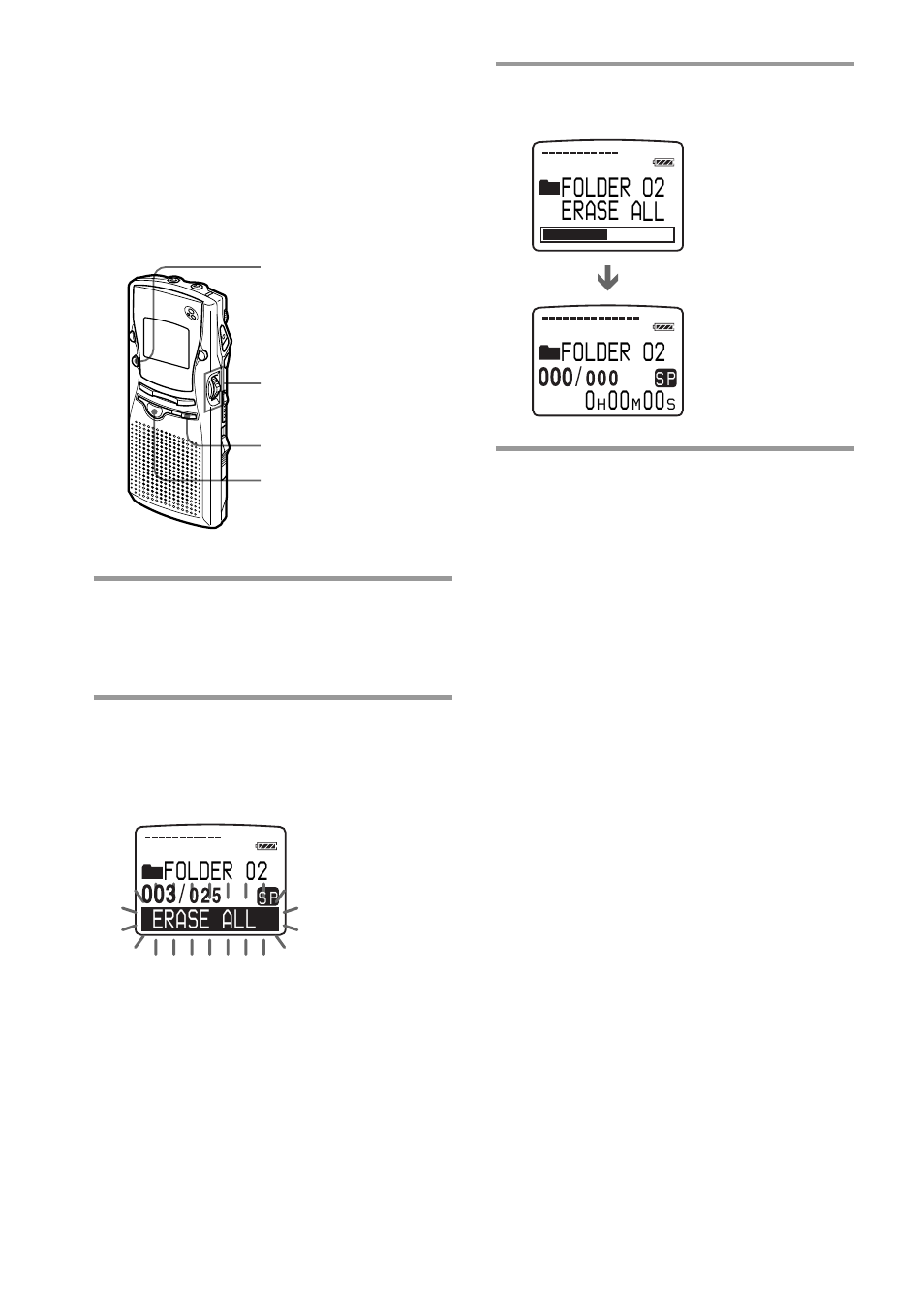 Erase all, Folder 02 folder erase a, Folder o2 l 0 | Erasing all messages in a folder | Sony ICD-MS1 User Manual | Page 18 / 72