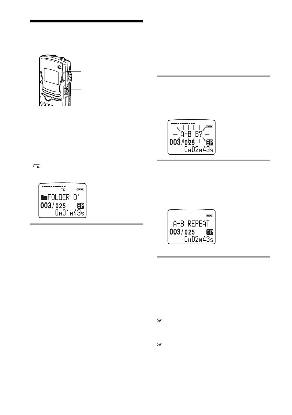 Playing repeatedly — repeat play, Folder o1 0, A-b b? 0 | A-b rep at e | Sony ICD-MS1 User Manual | Page 20 / 72