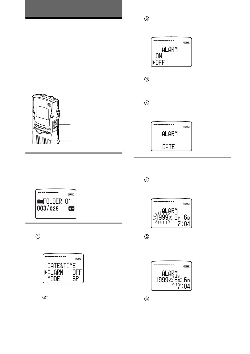 Other functions, Mode sp alarm off da e t &time off n o alarm | Sony ICD-MS1 User Manual | Page 30 / 72