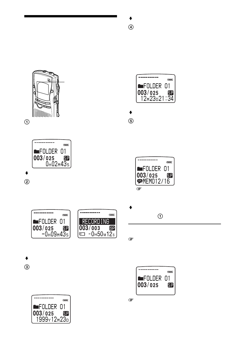 Selecting the display mode, Folder o1 -0, Folder o1 12 | Folder o1, Recording 1999 | Sony ICD-MS1 User Manual | Page 34 / 72