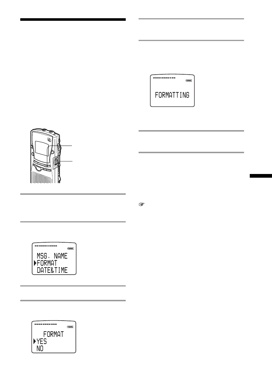 No yes format date format msg. name time, Formatting | Sony ICD-MS1 User Manual | Page 35 / 72