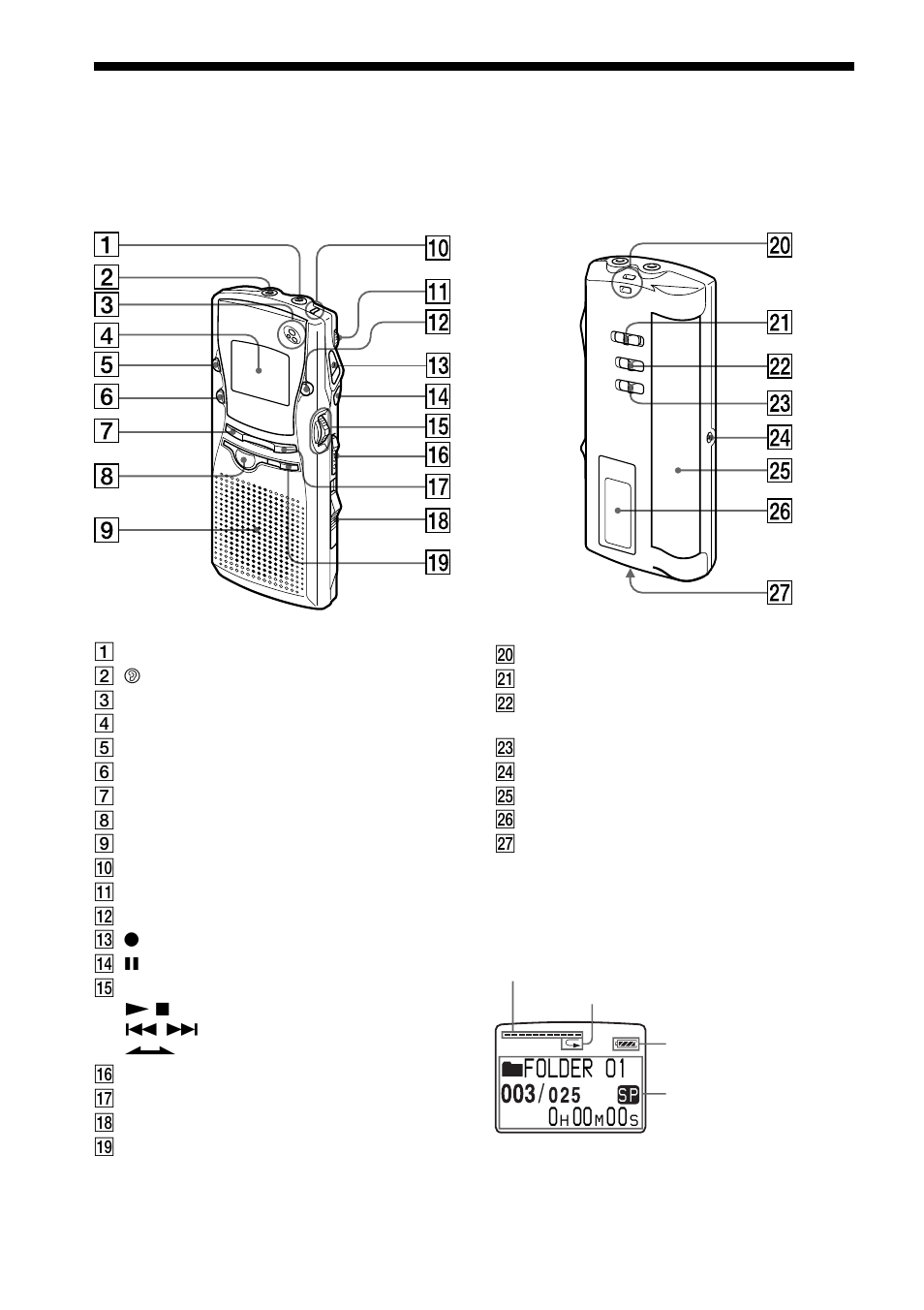 Index to parts and controls, 68 front, Rear | Display window, Folder o1 | Sony ICD-MS1 User Manual | Page 68 / 72