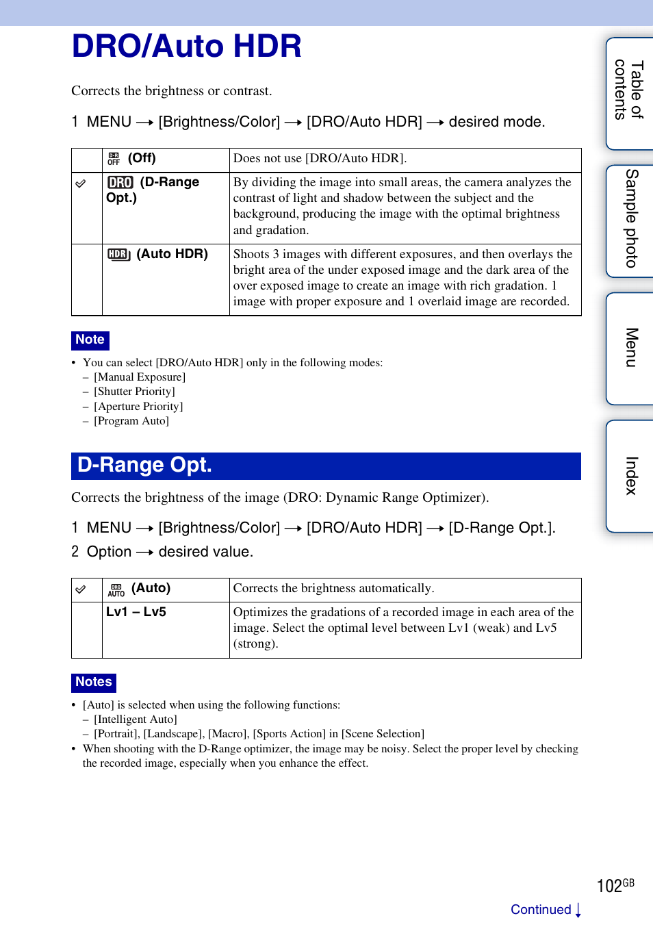 Dro/auto hdr, D-range opt | Sony NEX-7K User Manual | Page 102 / 211