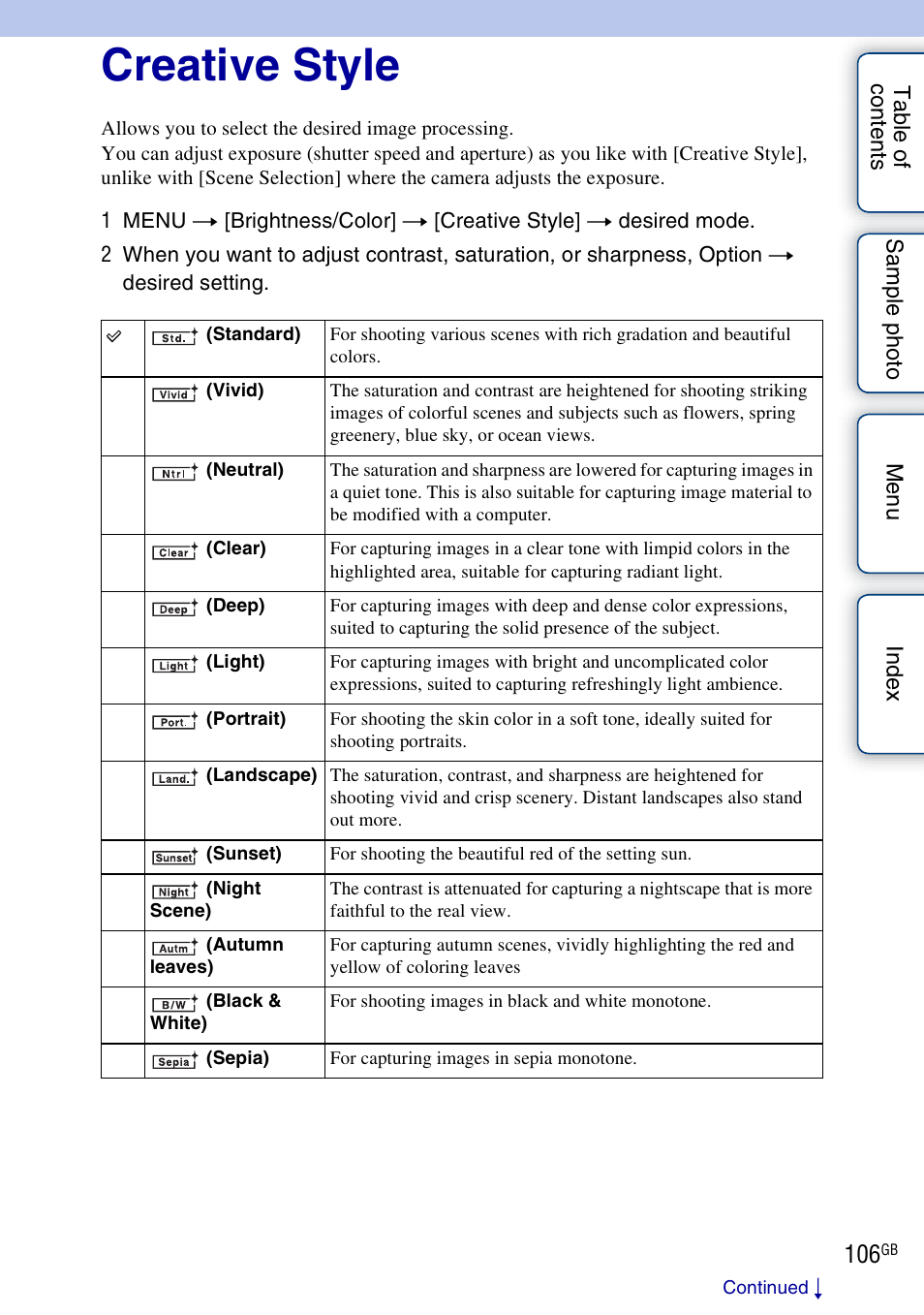 Creative style | Sony NEX-7K User Manual | Page 106 / 211