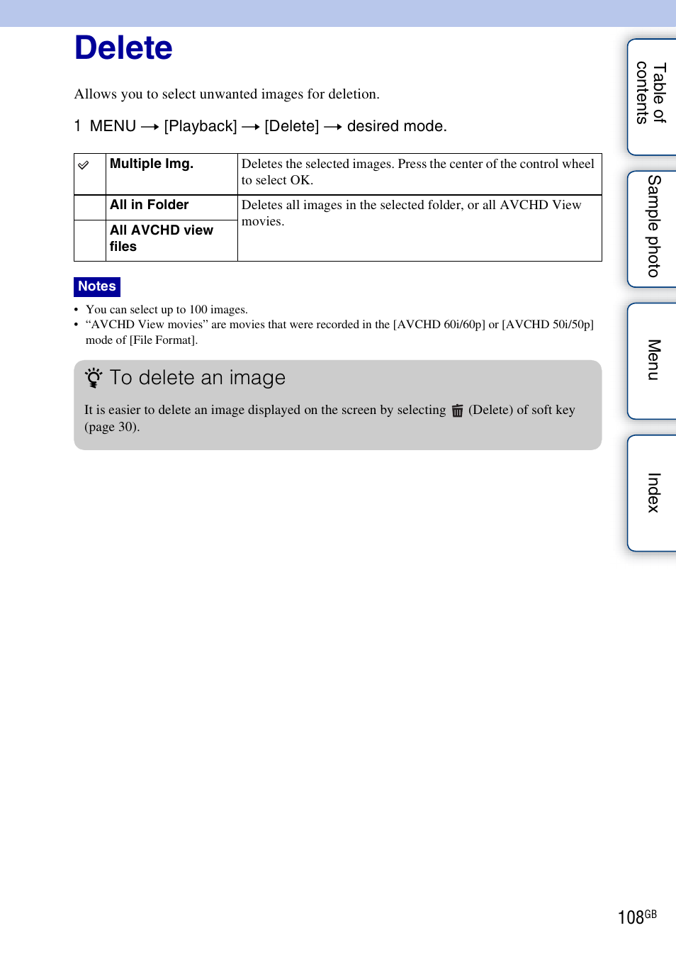 Delete | Sony NEX-7K User Manual | Page 108 / 211