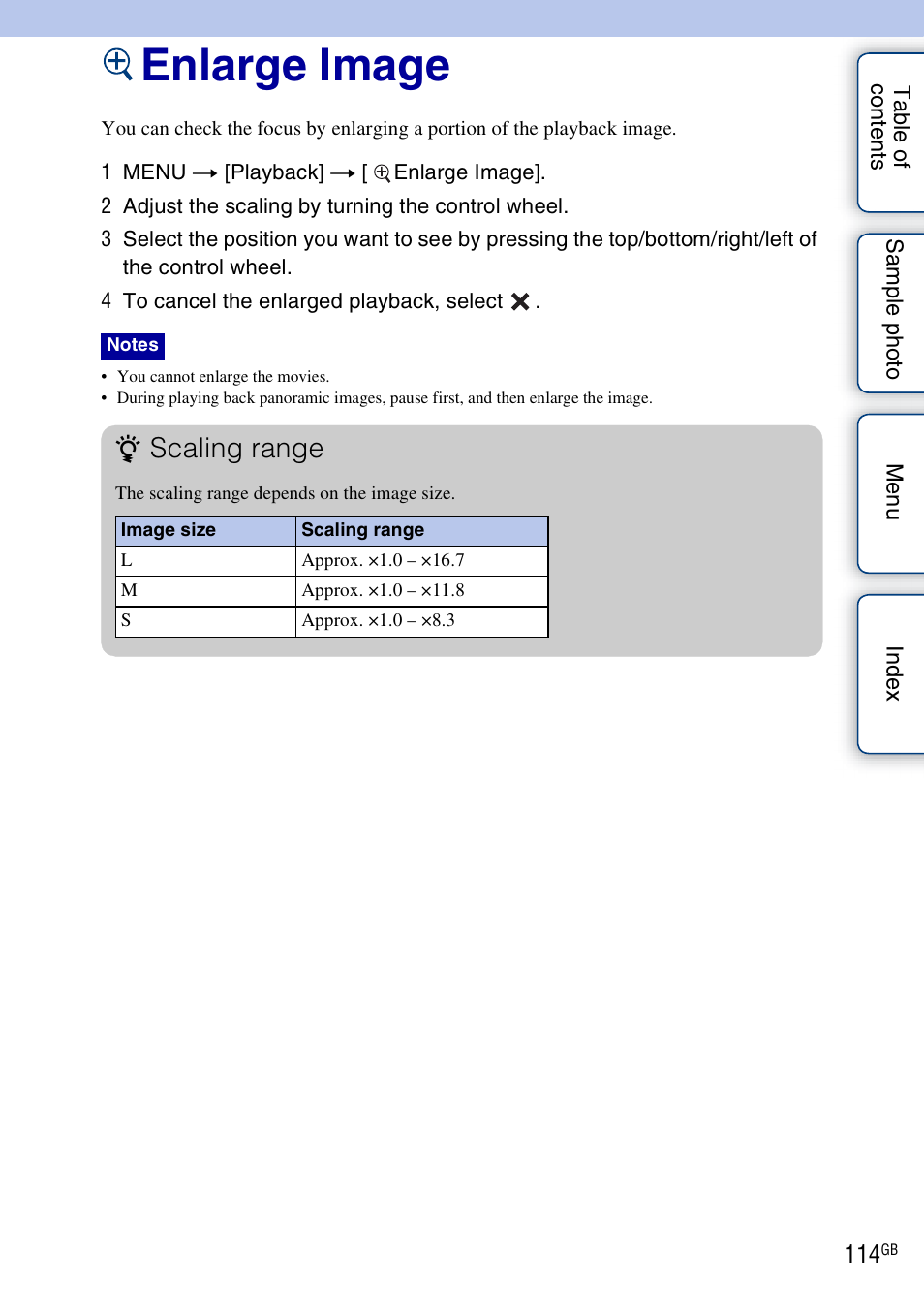 Enlarge image, Scaling range | Sony NEX-7K User Manual | Page 114 / 211
