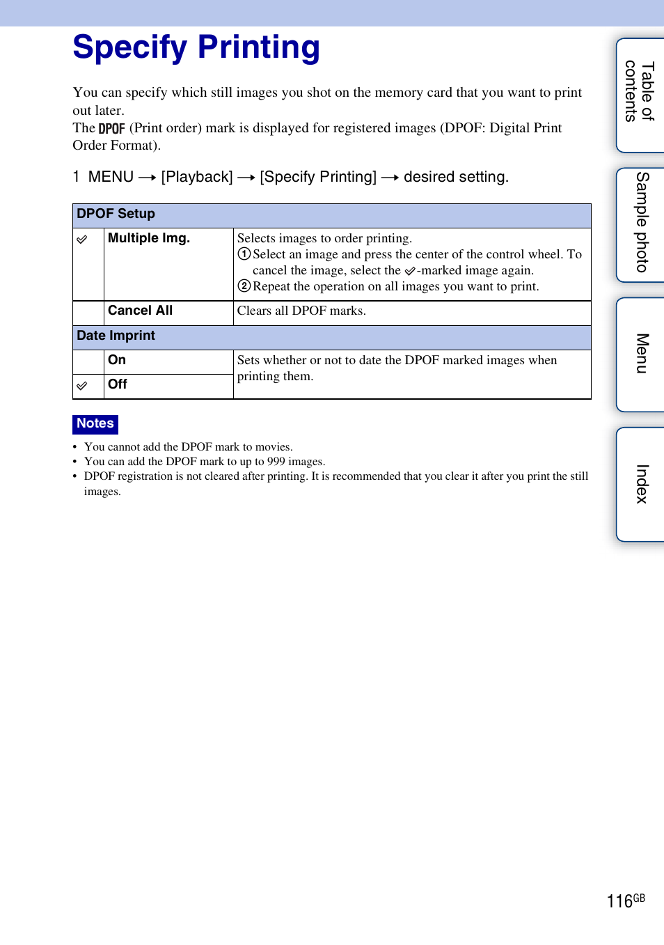 Specify printing | Sony NEX-7K User Manual | Page 116 / 211