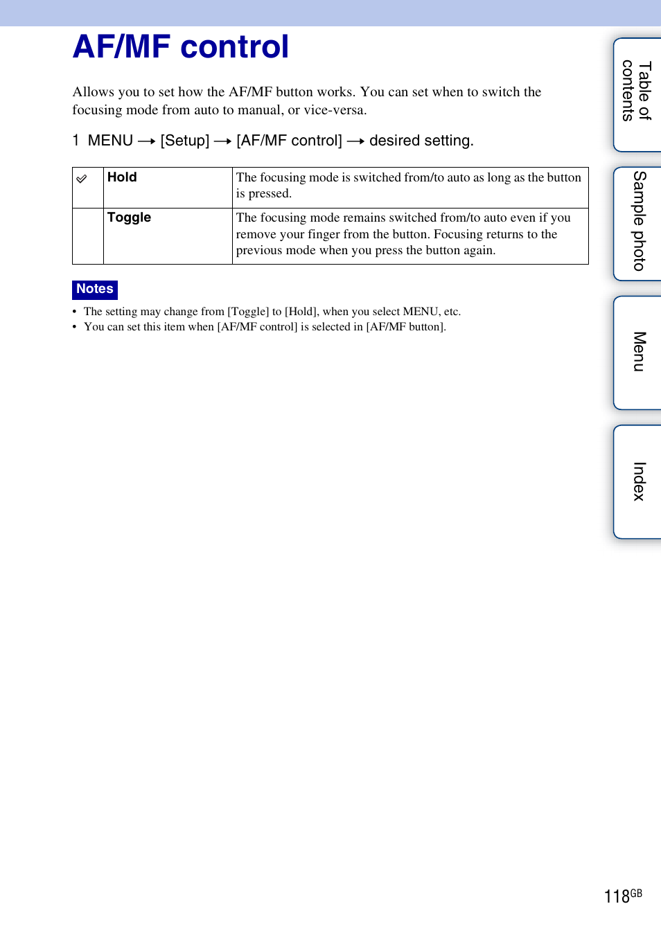 Af/mf control | Sony NEX-7K User Manual | Page 118 / 211