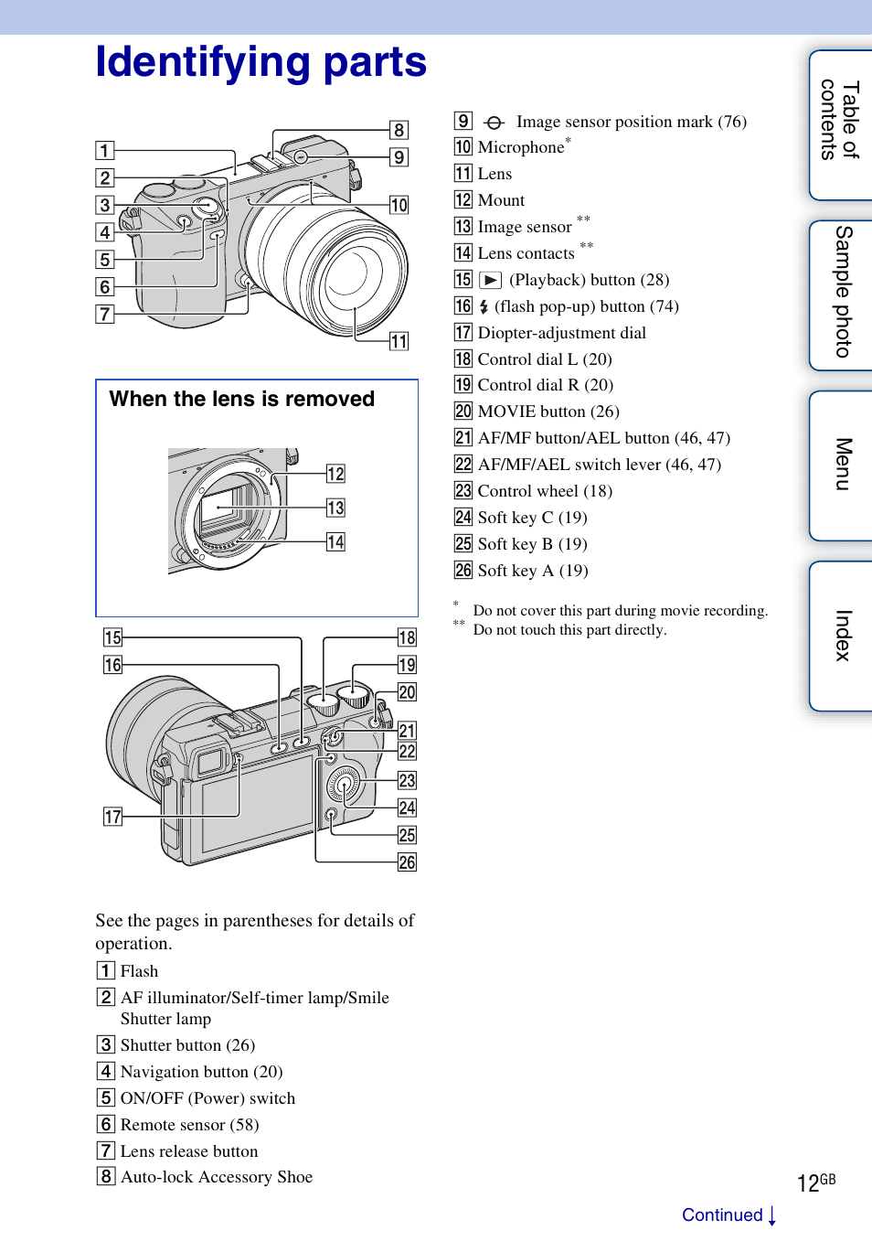 Identifying parts | Sony NEX-7K User Manual | Page 12 / 211