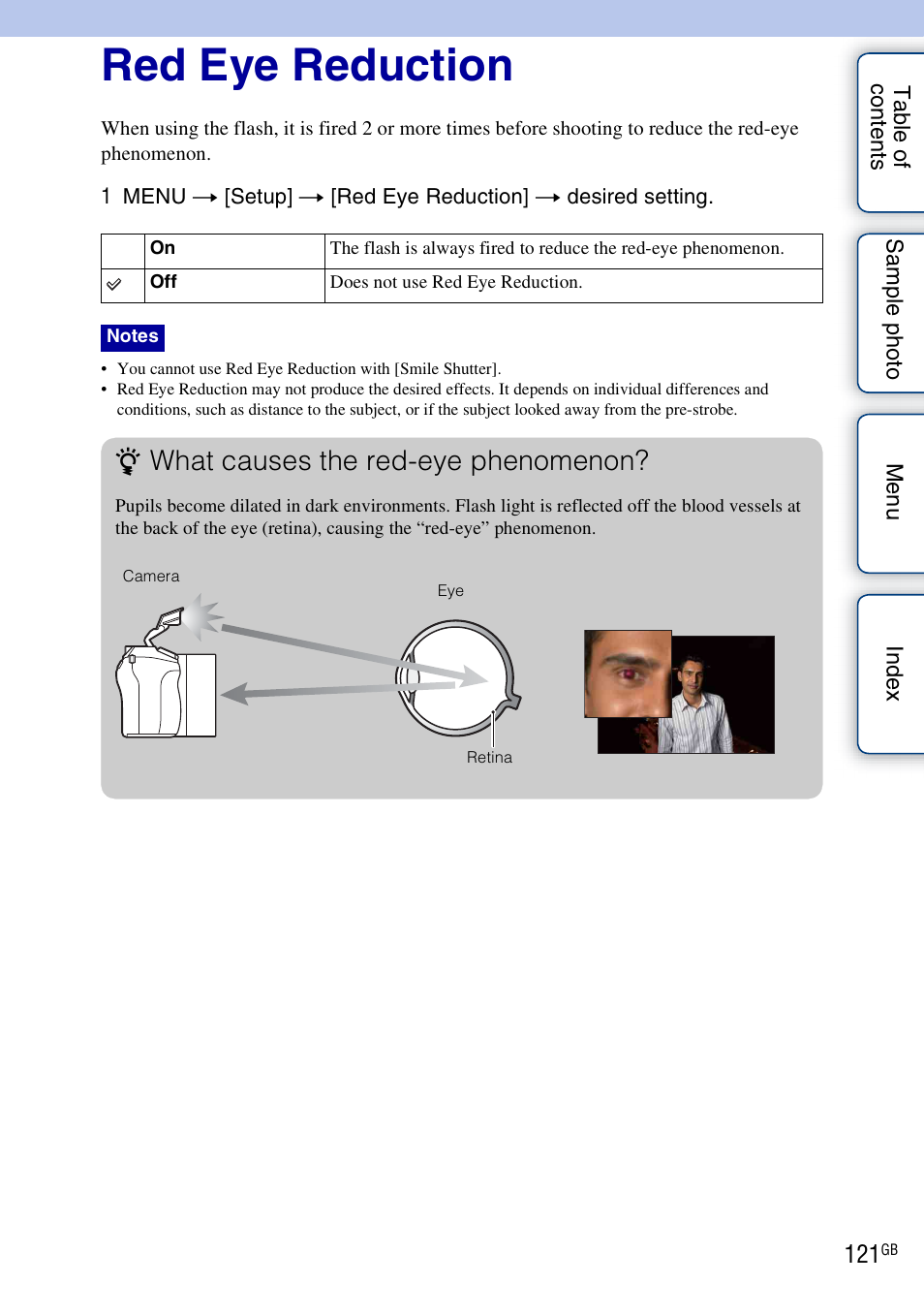 Red eye reduction, What causes the red-eye phenomenon | Sony NEX-7K User Manual | Page 121 / 211