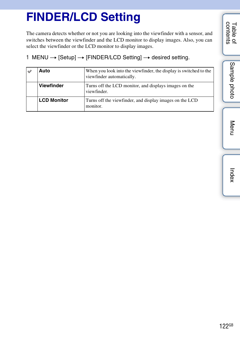 Finder/lcd setting | Sony NEX-7K User Manual | Page 122 / 211