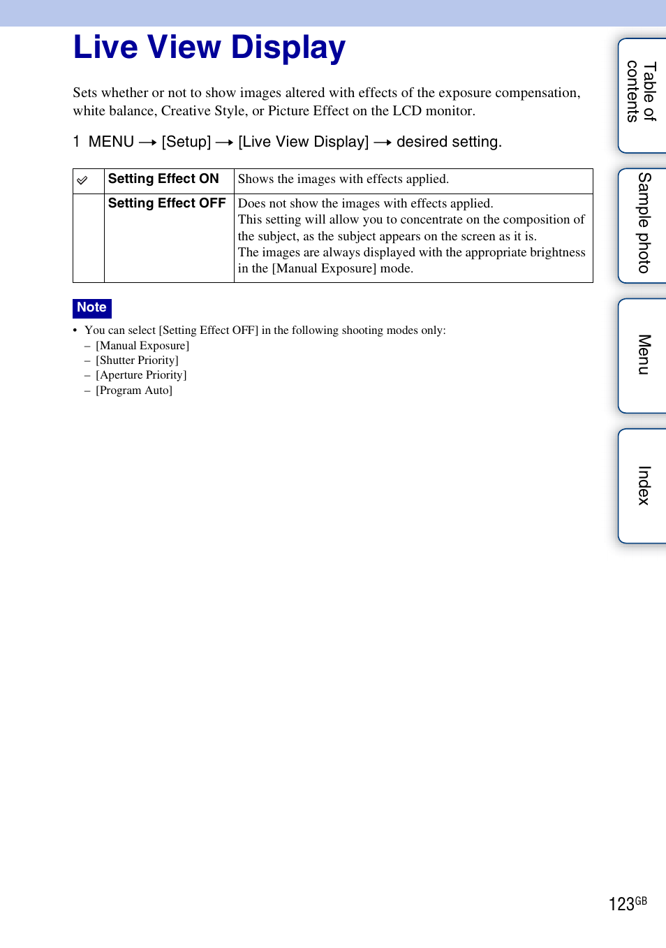 Live view display | Sony NEX-7K User Manual | Page 123 / 211
