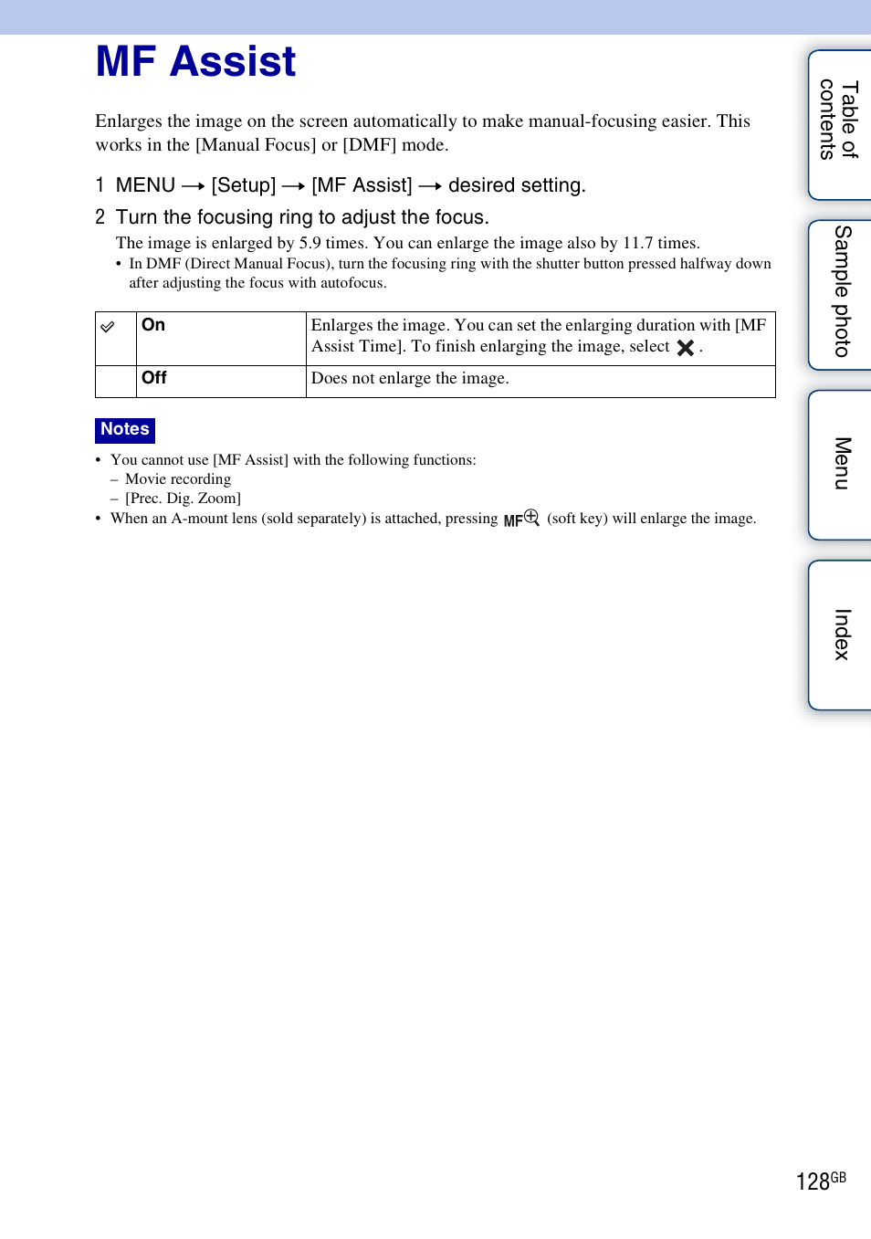 Mf assist | Sony NEX-7K User Manual | Page 128 / 211