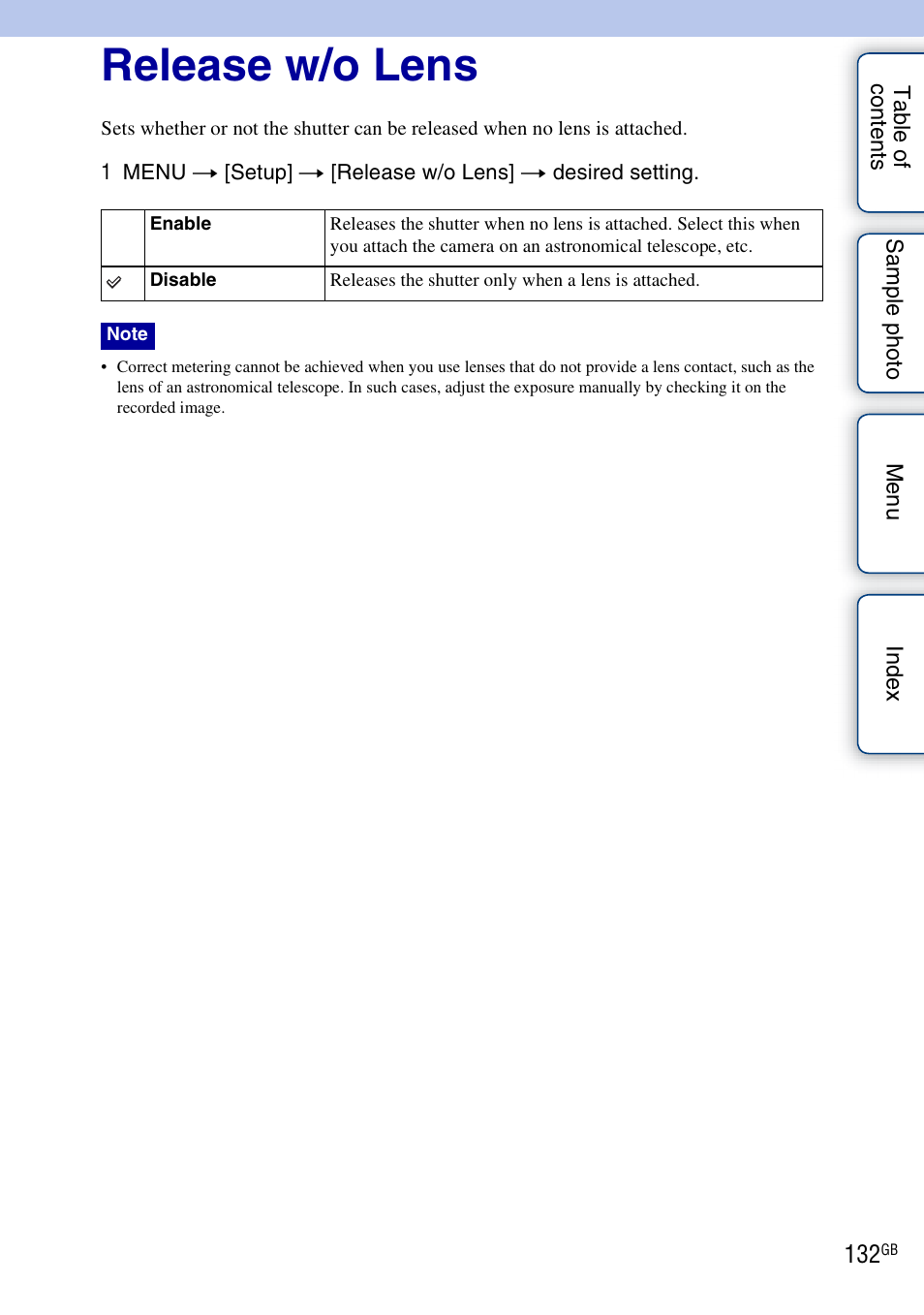 Release w/o lens | Sony NEX-7K User Manual | Page 132 / 211