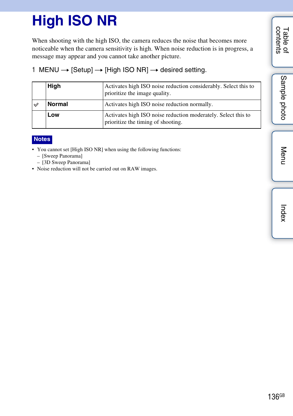 High iso nr | Sony NEX-7K User Manual | Page 136 / 211