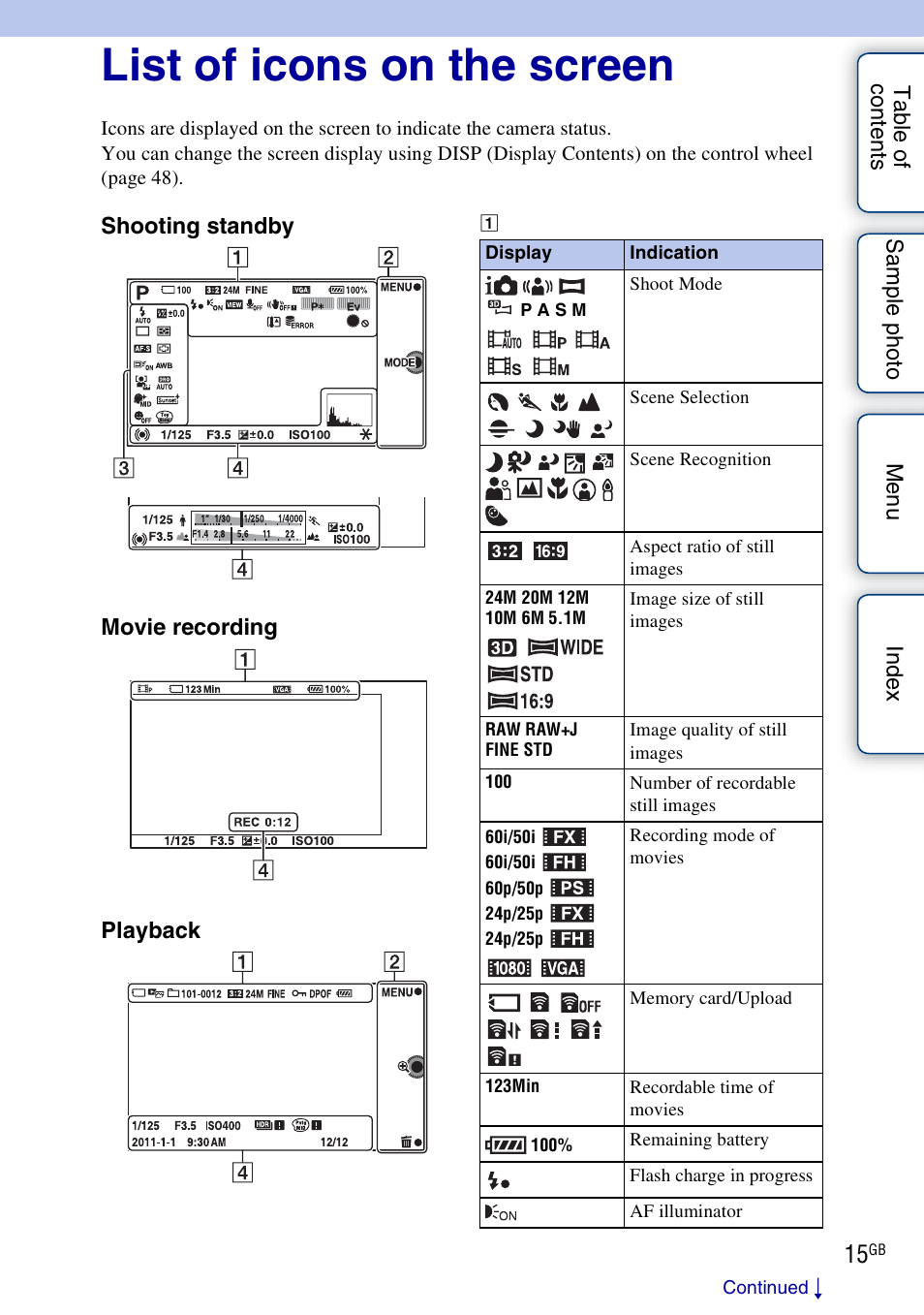 List of icons on the screen, Shooting standby movie recording playback | Sony NEX-7K User Manual | Page 15 / 211