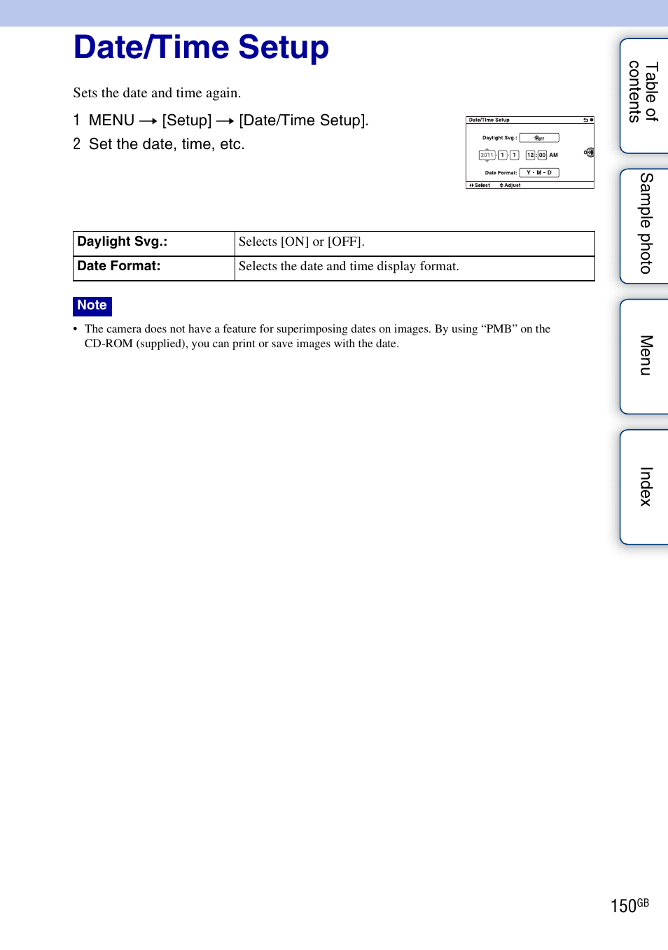 Date/time setup | Sony NEX-7K User Manual | Page 150 / 211